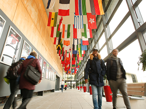 Students walking under flags