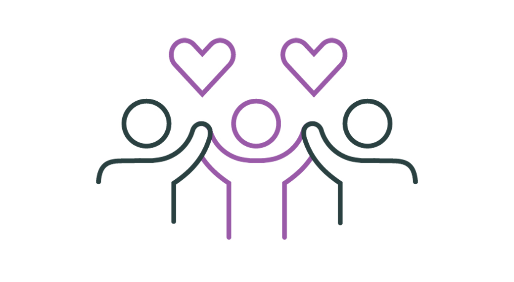 Image of three people throwing their hands up in the air with hearts above them