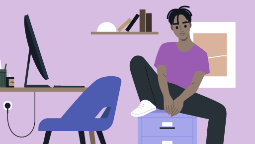 Illustration of student sitting on a filing cabinet in office
