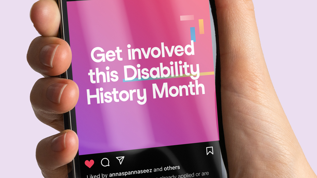 an iPhone displaying an instagram post by the University of Hertfordshire saying, get involved this Disability History Month
