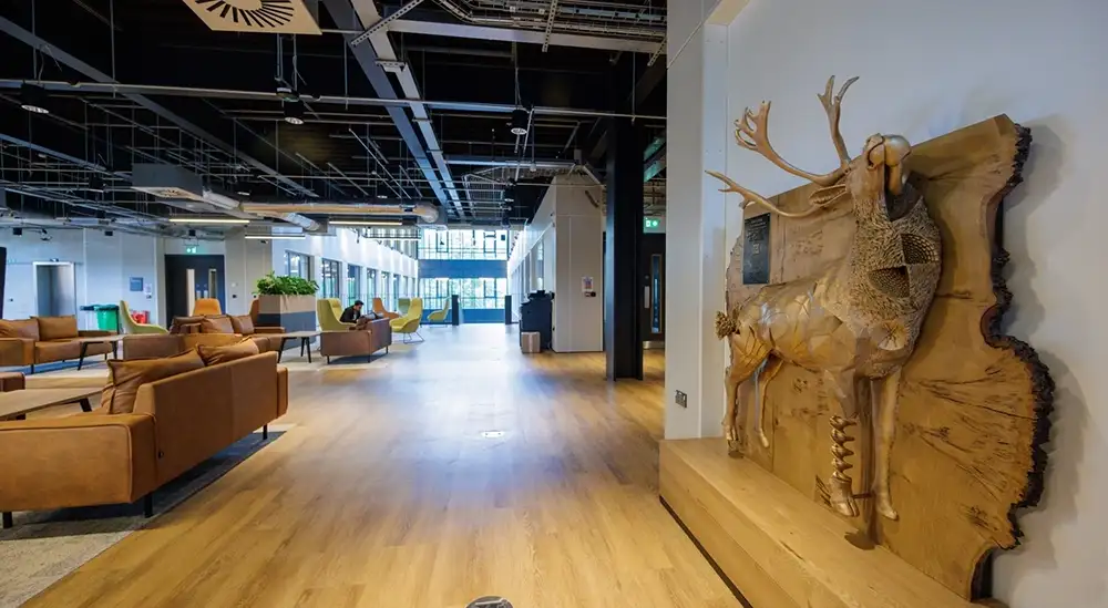 A stature of a stag on a wall carved out of wood