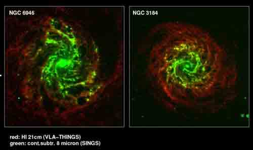 Comparison of VLA HI (red) and Spitzer Space Telescope 8 µm maps (green) Comparison of VLA HI (red) and Spitzer Space Telescope 8 µm maps (green)