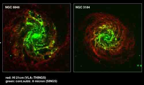 Comparison of VLA HI (red) and Spitzer Space Telescope 8 &micro;m maps (green)