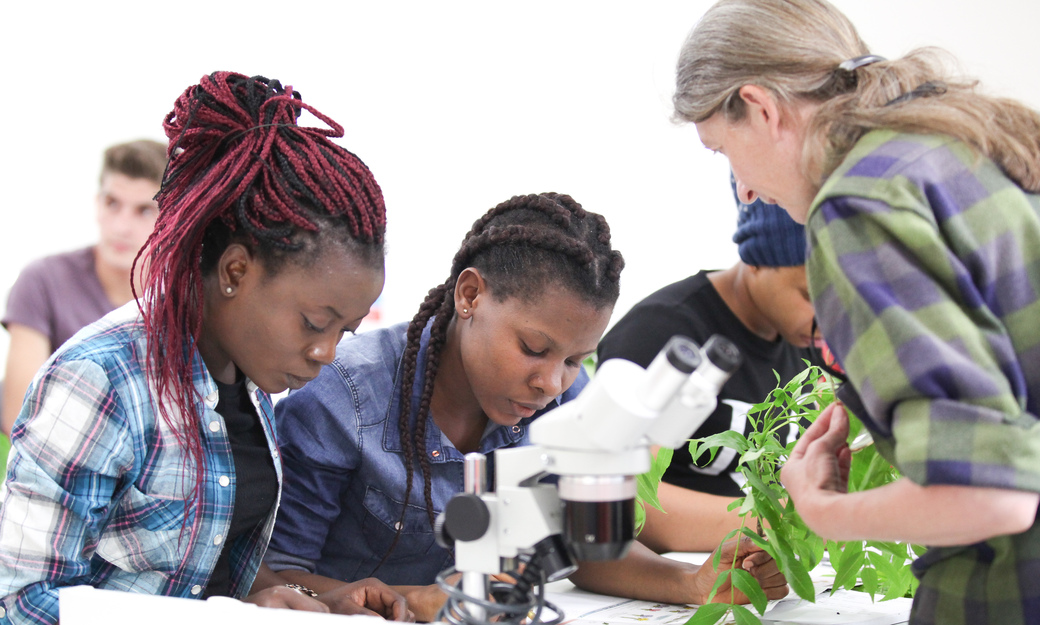 students analysing plant matter in one of the laboratories 