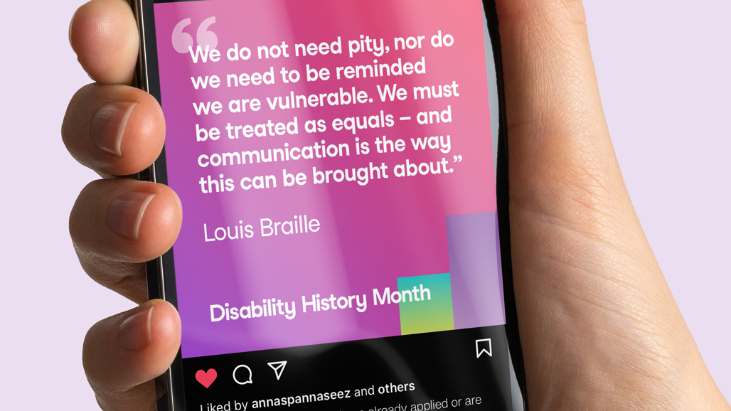 an iPhone with an instagram post, the post features a quote by Louis Braille