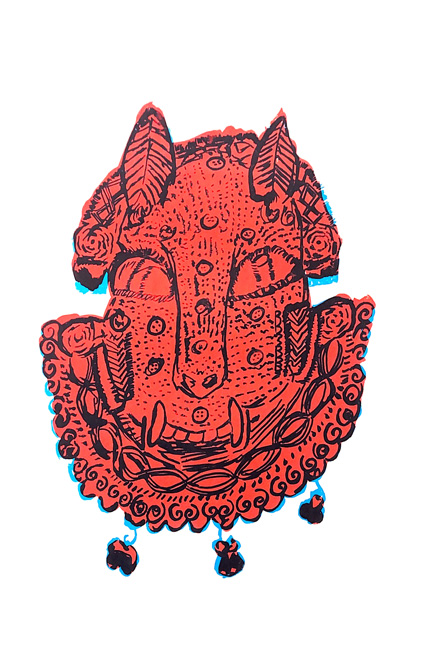 A screen print showing a red, blue and black ceremonial mask