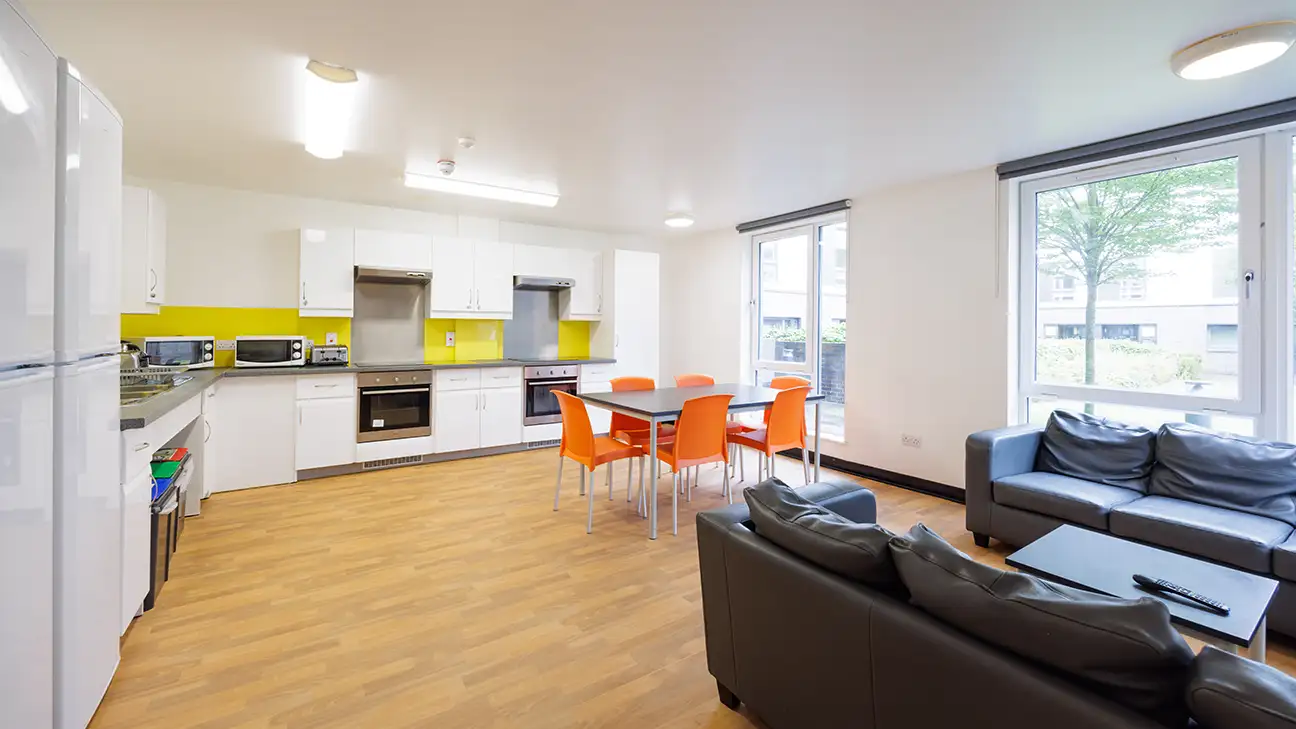 Kitchen with dining table and sofas