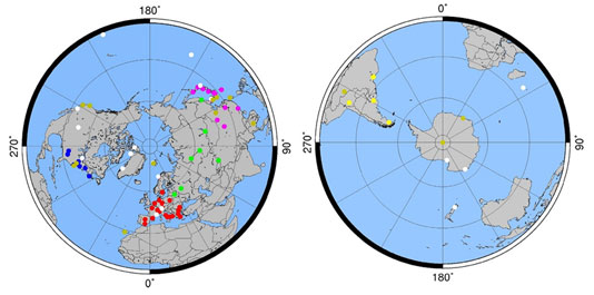 Map of North and South Hemisphere with lidar stations participating in GALION