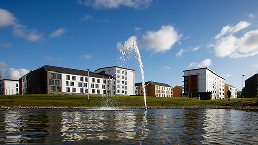 Exterior view of accommodation on College Lane Campus, with the fountain in the foreground