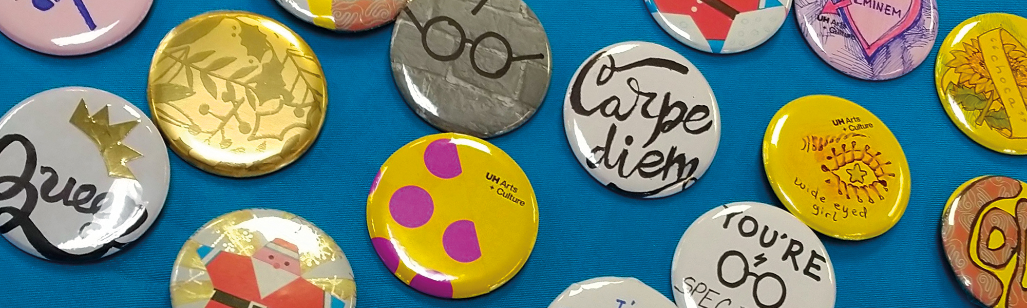An array of colourful badges