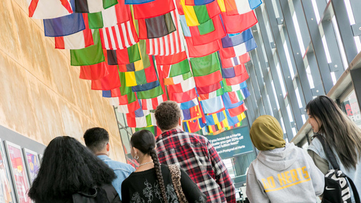 Group of students walk under the flags in the Street at de Havilland campus