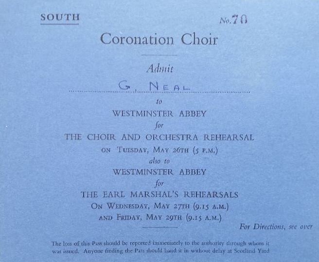 A pass admitting someone into rehearsals for Queen Elizabeth II's coronation