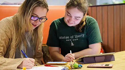 Two students working together at a table