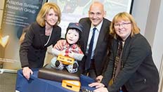 Jane Asher, KASPAR, Vice-Chancellor Quintin McKellar and Professor Kerstin Dautenhahn.