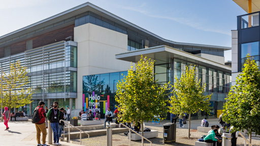 Students sitting in the sunshine on de Havilland campus