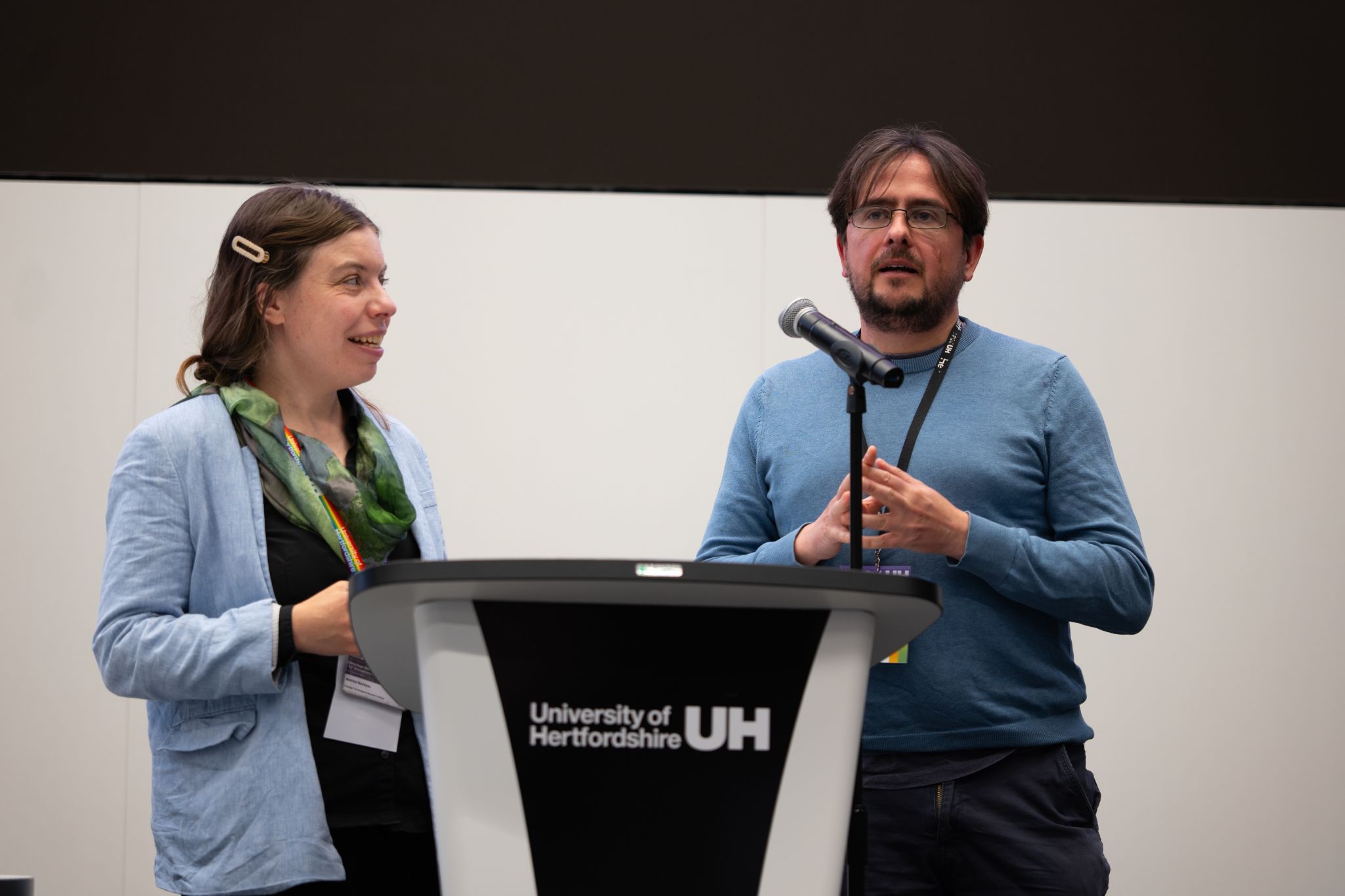 Daniel Grey and Katrina Navickas at a lectern