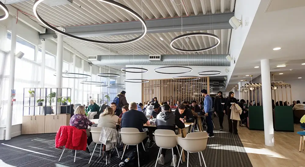 A large group of people sitting down in the food court