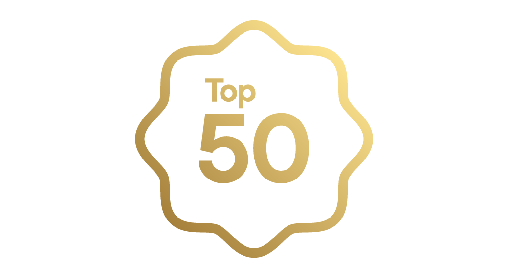 A graphic saying Top 50 inside a wavy circle