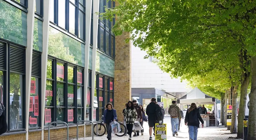 Students walking down a pathway outside EleHouse