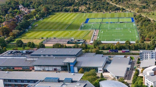 Drone shot of the sports pitches and University