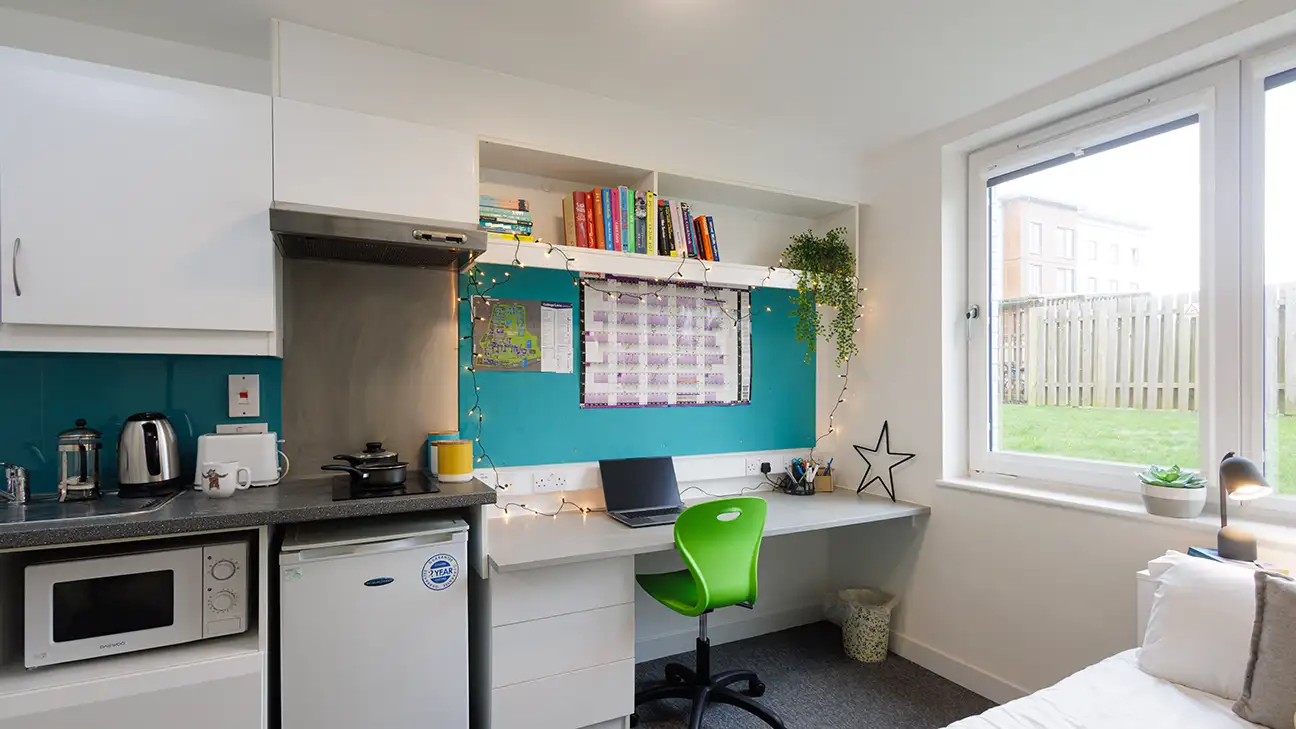 Desk and kitchen 