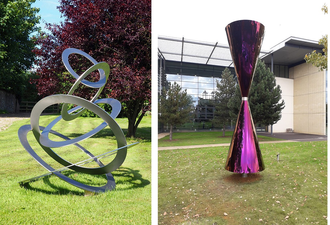 Sculptures Left: Sky Cirles ; steel circles titiled on top of each other and sculpture:  Diabolo; purple chrome cone with thin centre like a diabolo toy.