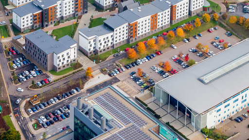 Birds eye view of campus parking 