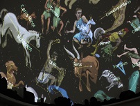 simulation of constellations and imagined art work that tell the stories, projected onto a planetarium dome