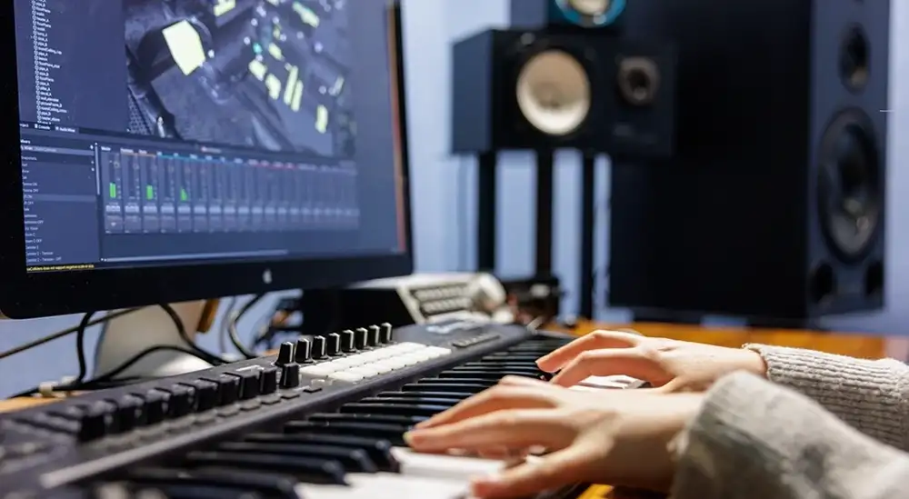 A student working with recording software close up of their hands