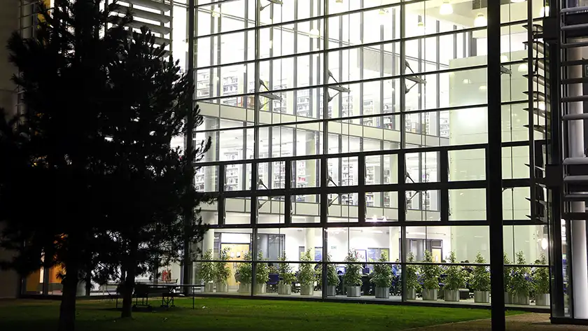 Campus building at night