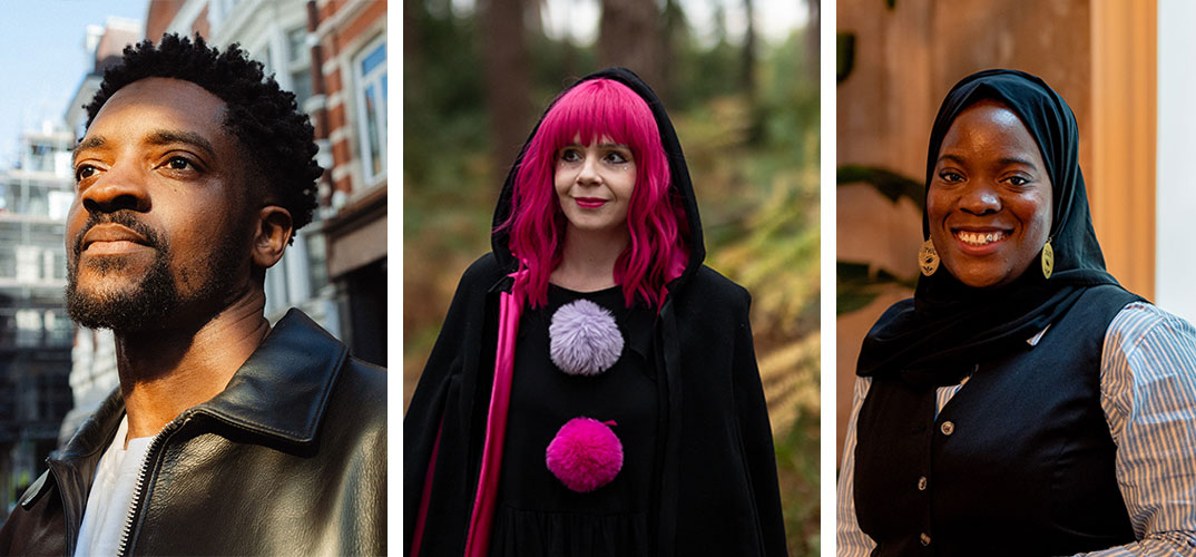 An images showing three people: Triple MOBO Award-winning rapper, author and broadcaster Guvna B, internationally bestselling children's author Harriet Muncaster and pioneering rugby player and neonatal nurse Zainab Alema