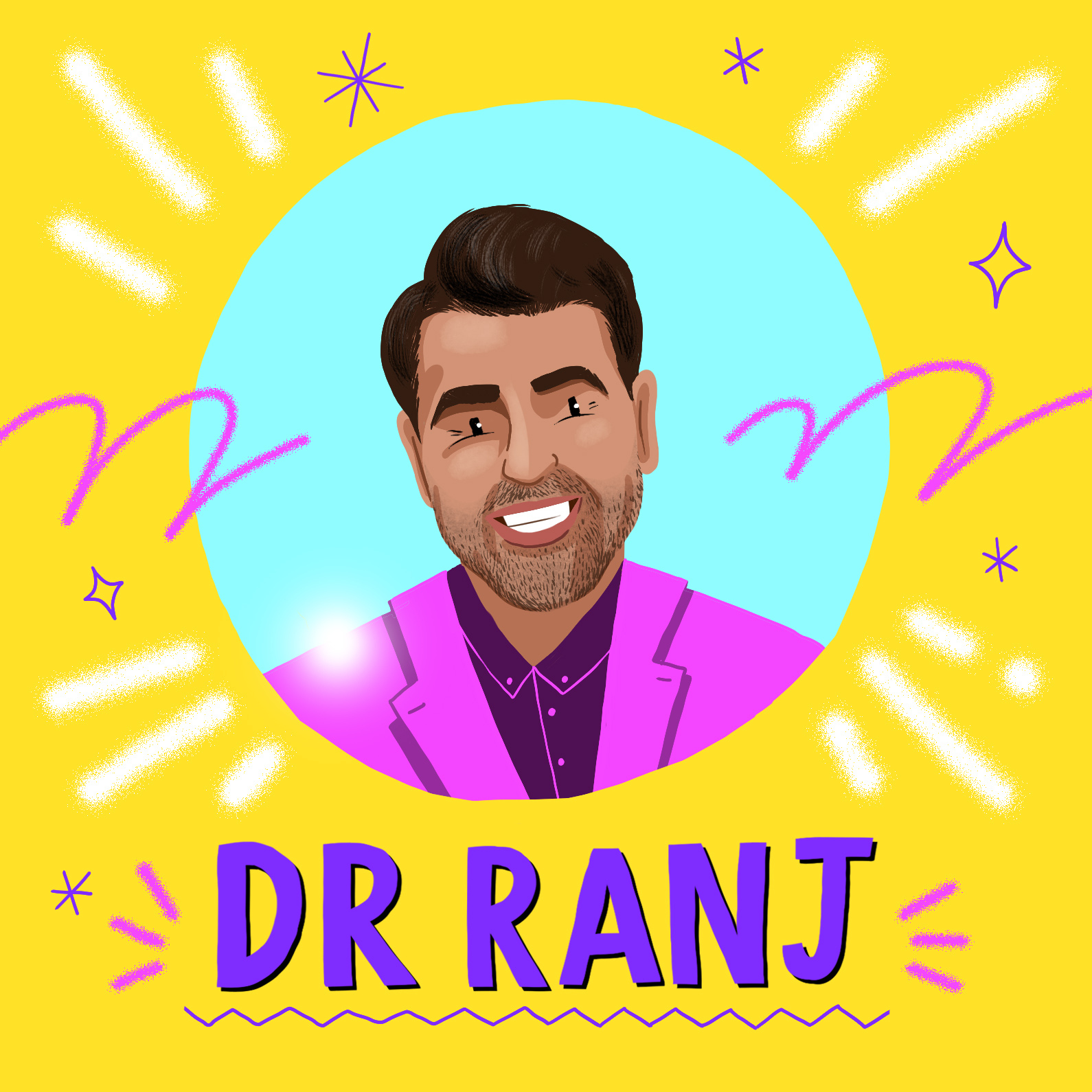 DR Ranj, smiling wearing a pink coat in front of a yellow background