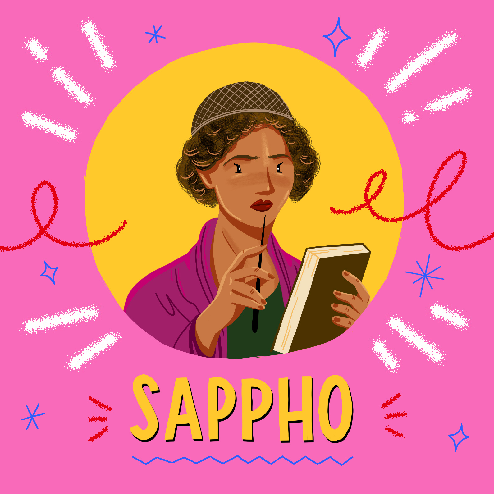 Poet Sappho holding pen and book, with crowned braids wrapped around hair
