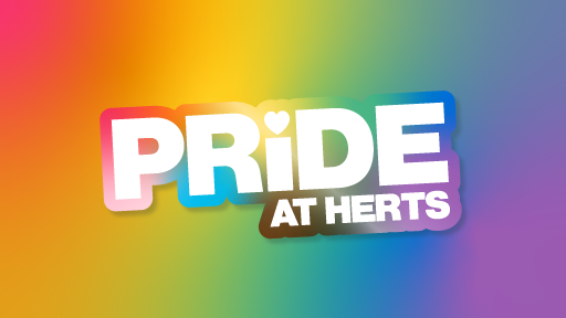 Colour background with text that reads 'Pride at Herts'
