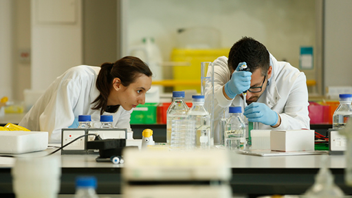 Image of biomedical students working in a lab