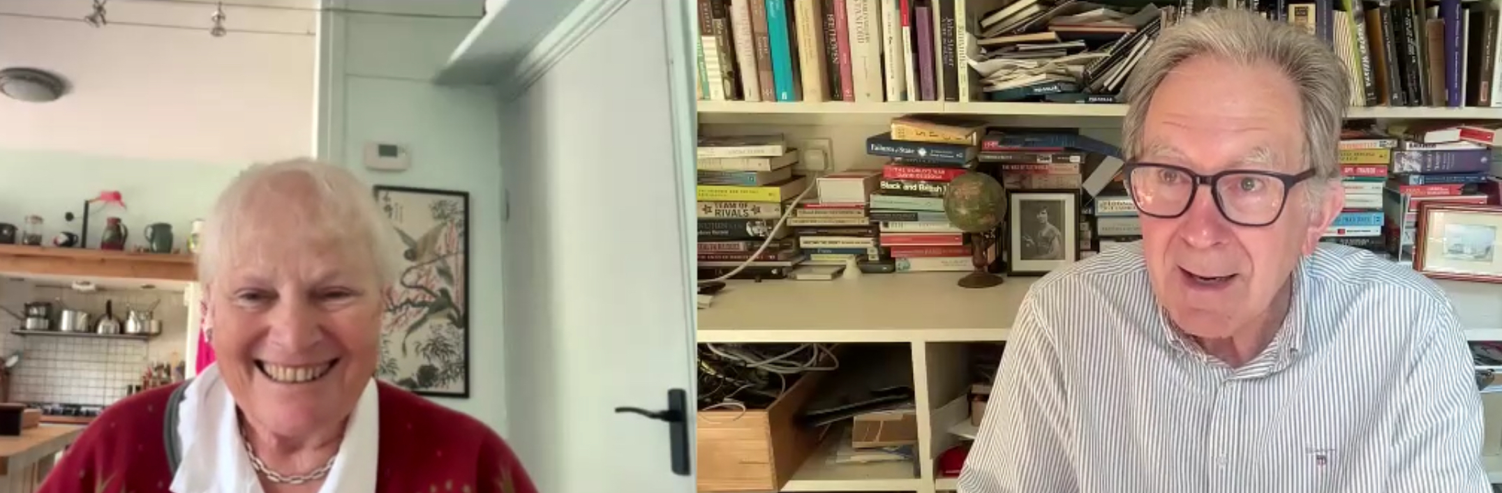 Screenshot of online interview between woman and man