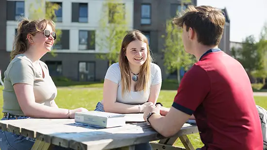 Students sitting round a table outside