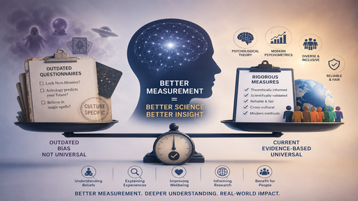 The image shows a set of kitchen weighing scales balancing outdated questionnaires on one side and rigorous measures on the other