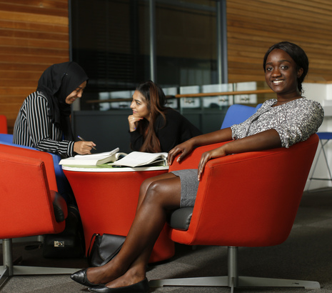 Three female business students studying on chairs