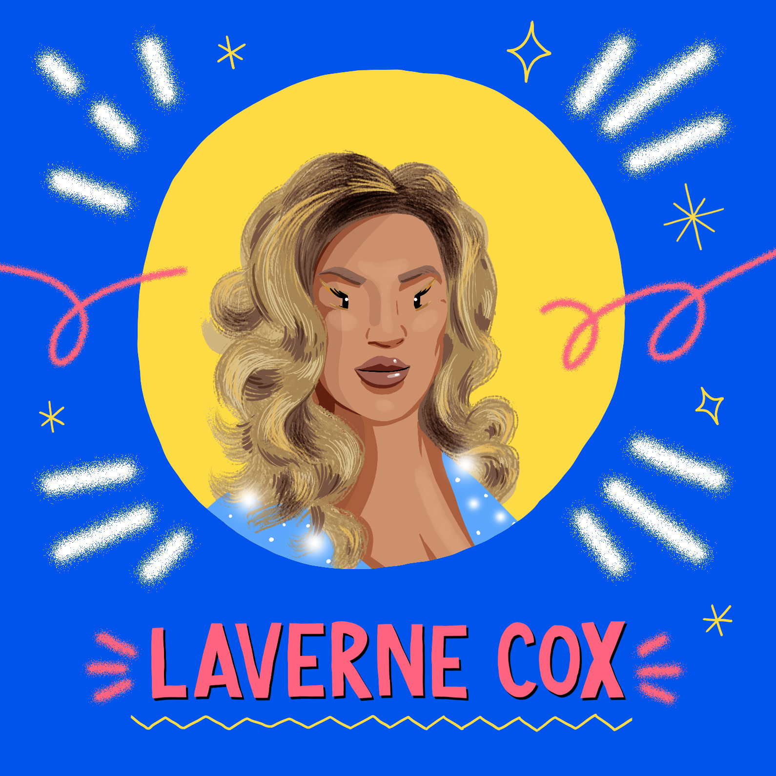 Laverne wearing a baby blue dress in front of a blue background