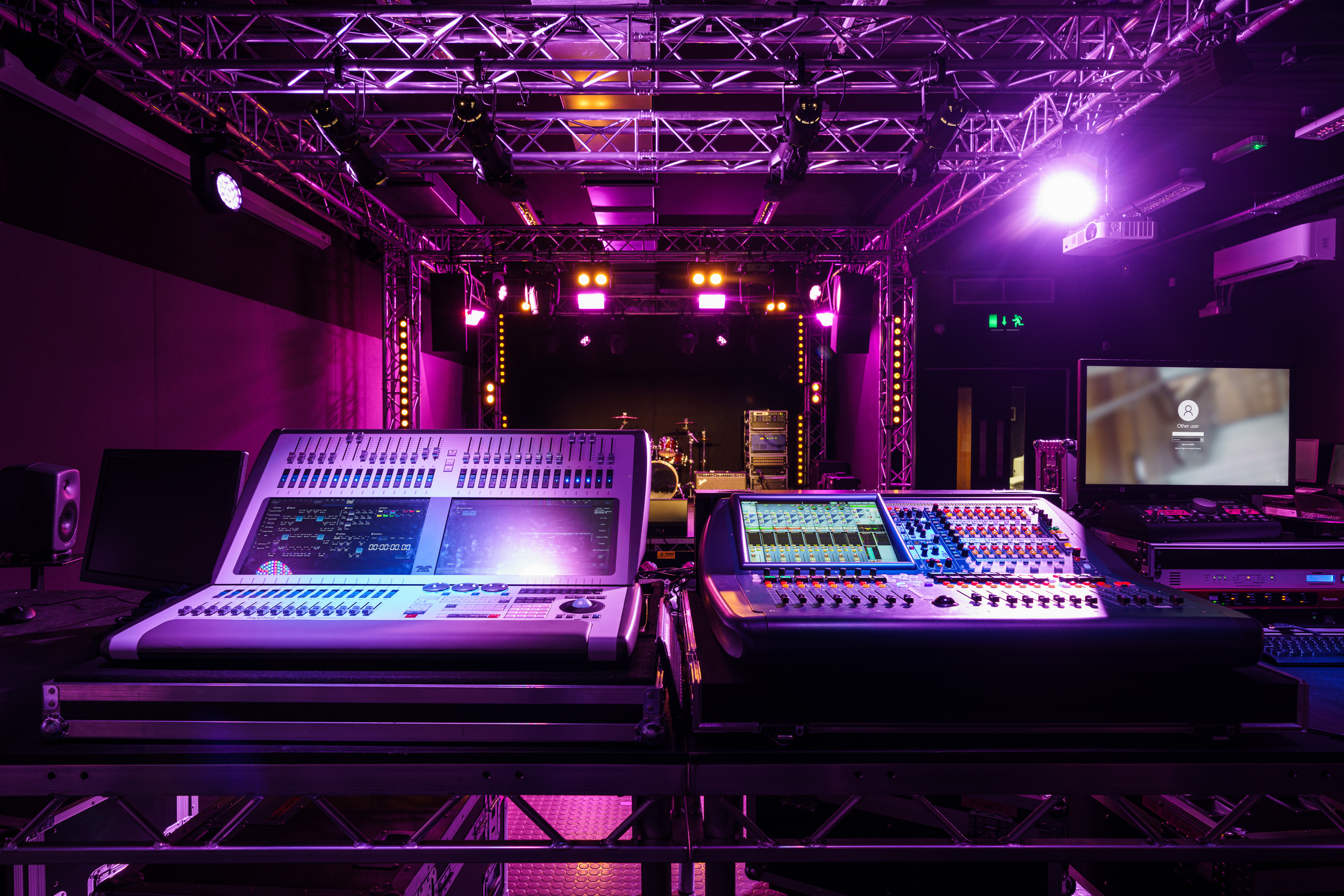 Music facility with purple mood lighting