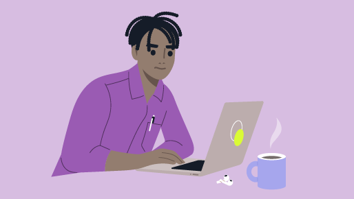 Illustration of male student looking at a laptop screen