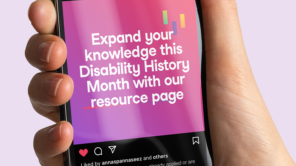 an iPhone displaying an instagram post by the University of Hertfordshire saying, expand your knowledge this Disability History Month