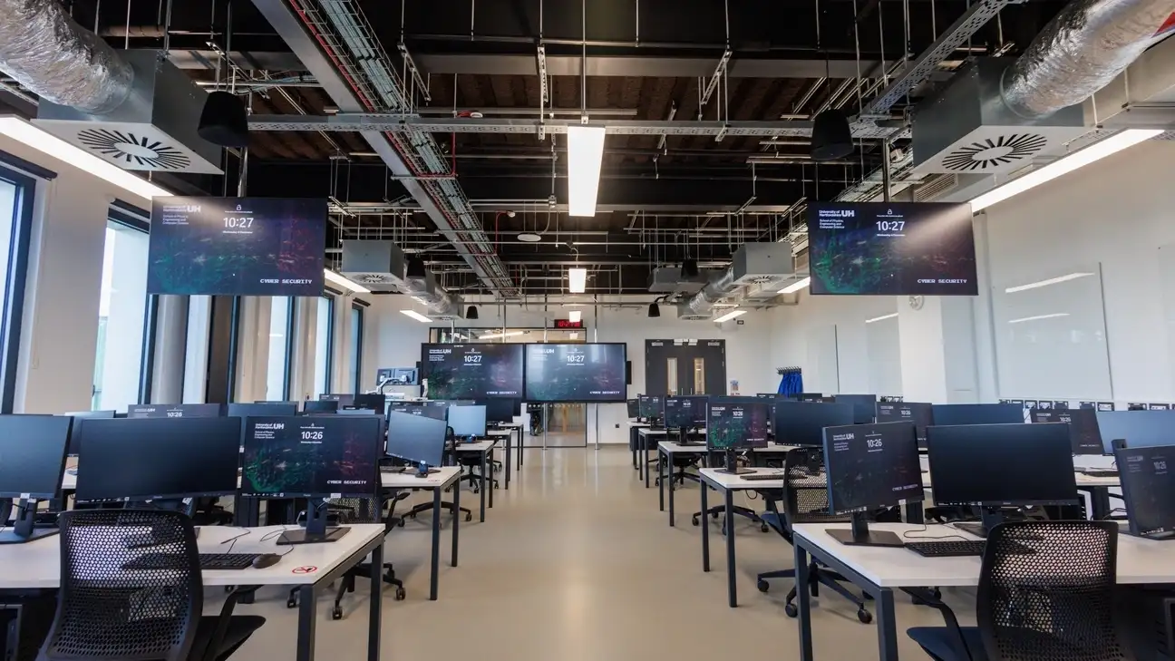 A room full of computers with two large screen hanging from the ceiling