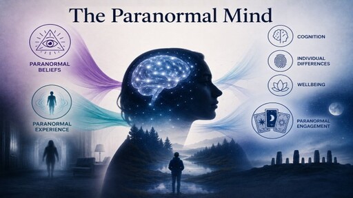 The image shows a head, with brain visible, with paranormal experiences and beliefs at the side