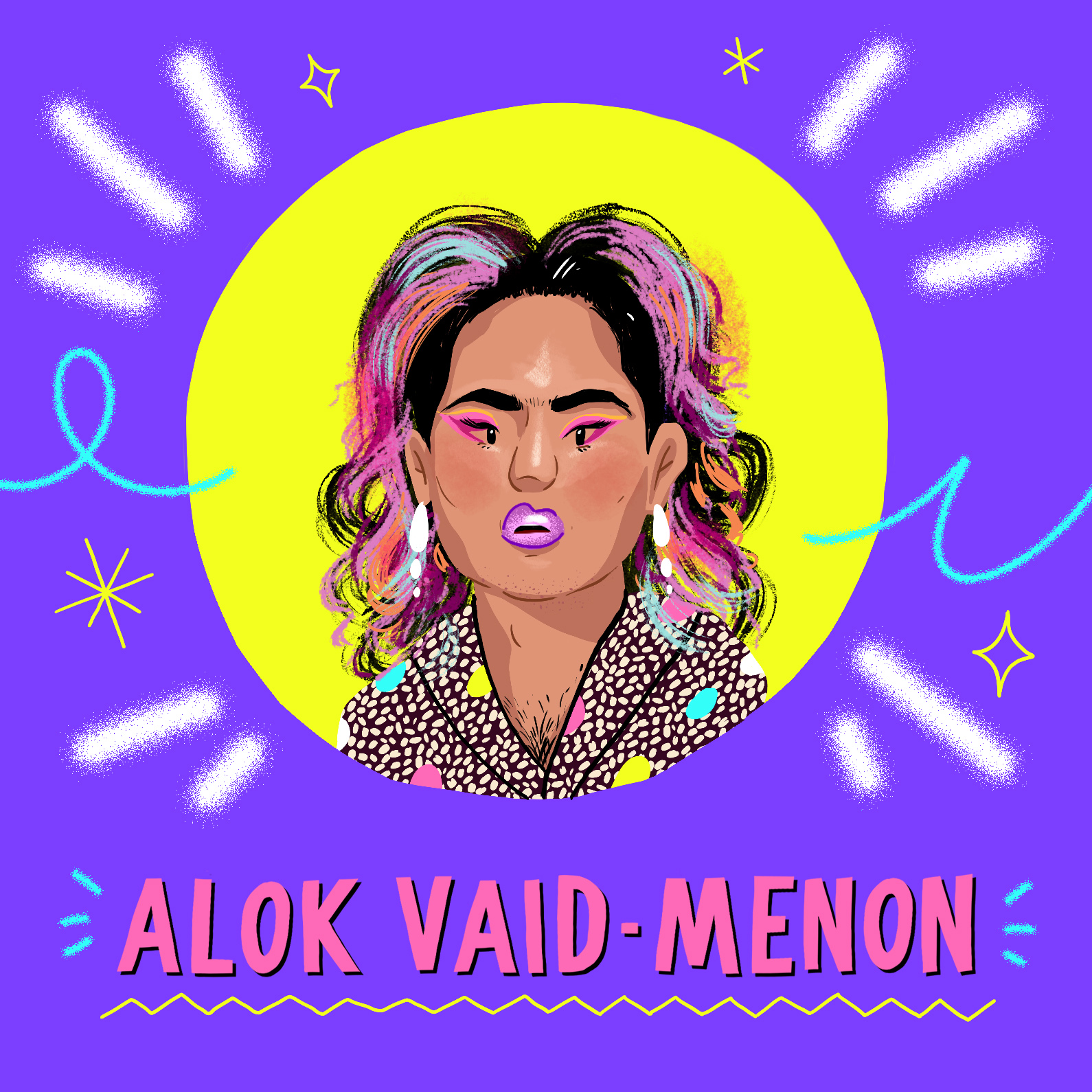 Alok Menon illustrated by Harry infront of a purple background in a yellow circle