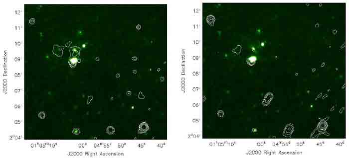 C-band (left) and L-Band (right) radio continuum overlaid as contours on a Spitzer 24&micro;m image