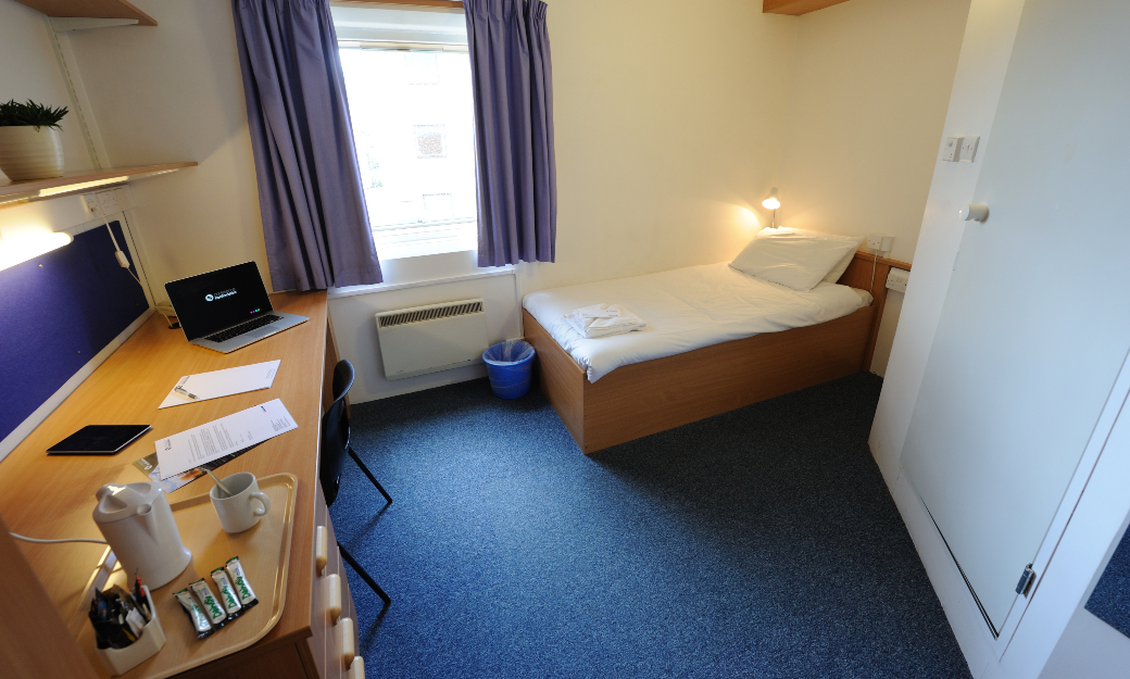 Bedroom with blue carpet