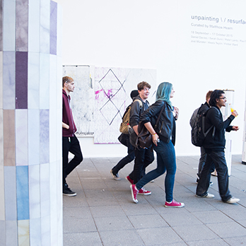 Students walking through Art Gallery