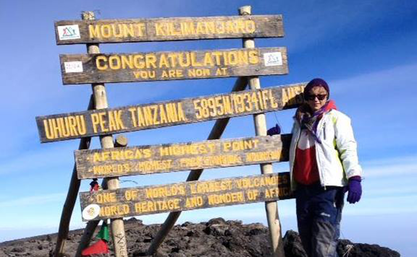 Laura standing at the top of Mt Kilimanjaro 